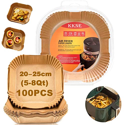 KKNE 100 Piezas Papel Freidora Aire Cuadrado 20 24 Cm Papel de Horno para Freidora de Aire, Papel Airfryer Sin Aceite Utensilios Air Fryer Compatible con Cecotec, COSORI, Princess, Ninja 5-8 L