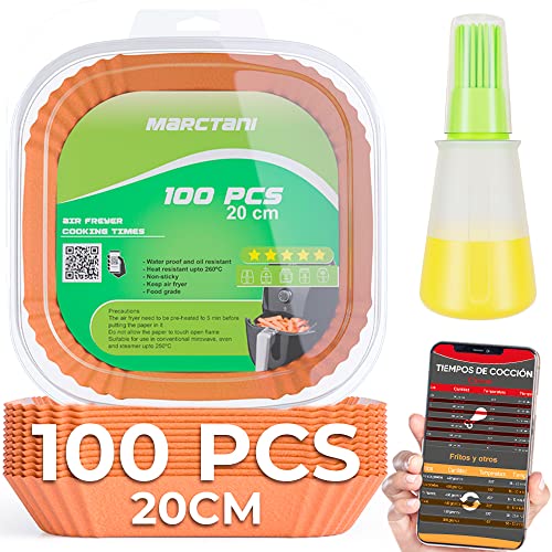 Marctani Papel para Freidora de Aire (100Piezas 20 CM) + Dispensador de Aceite, Accesorios Freidora Sin Aceite, Papel Air Fryer Cuadrado, Moldes Desechables, Papel Vegetal Antiadherente, Accessories