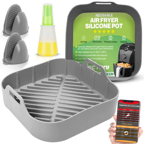 Martani Olla De Silicona para Freidora De Aire(20,5cm), Accesorios Freidora Sin Aceite con Guantes de Horno y Dispensador de Aceite, Air Fryer Accessories, Molde Silicona Freidora Aire