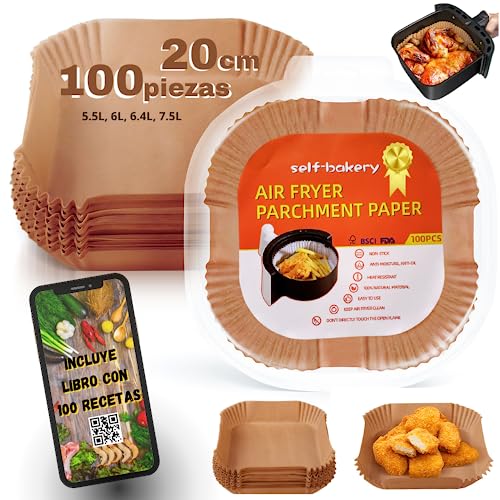 Papel Para Freidora de Aire, Air Fryer 100 Piezas Papel Horno Freidora Aire Cuadrado, Papel de Pergamino Antiadherente Desechable sin perforar para Freidora Hornear Asar y Microondas 20cm