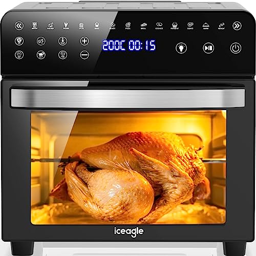 Iceagle Freidora sin Aceite Horno 15L - Freidora Aire 1800 W Air Fryer XXL con 13 Programas, Deshidratar y función de bricolaje, Pantalla LED Táctil, Temporizador, 6 Accesorios Incluidos, Sin BPA