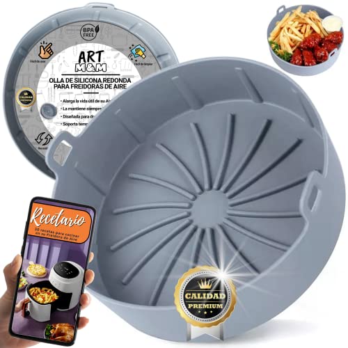 ART M&M® Molde Silicona Freidora de aire| Accesorio Freidora sin aceite| Olla Freidora de aire +RECETARIO Digital| Molde Silicona Freidora sin Aceite| Cesta de silicona airfryer 2,8L o 19cm| Redonda