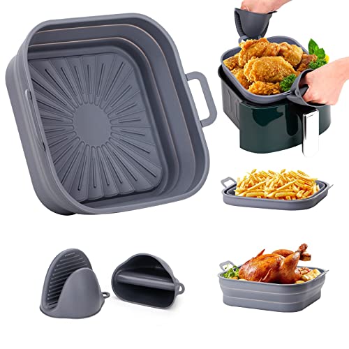 Owelth 20cm Molde Silicona Freidora de Aire, Plegable Olla Silicona Freidora de Aire Cuadrado con 2 Guantes, Reutilizable Bandeja Cesta Recipientes Air Fryer, Accesorios para Horno Microondas