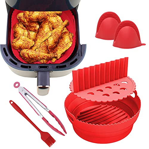 Koatlas Molde Silicona Freidora de Aire | Medida 5.5 L y Más | Molde Airfryer Silicona con Separador | Cocina 2 Comidas Al Mismo Tiempo | Cesta + Utensilios: 2 Guantes + Pinzas + Cepillo | Color Rojo