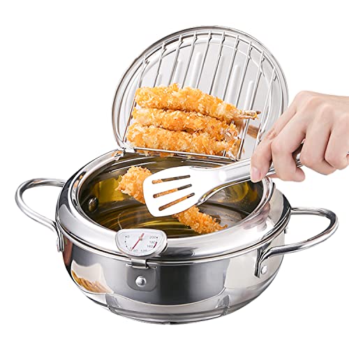 Olla Freidora Mini Freidora Tempura de Acero Inoxidable Estilo Japonés con Tapa de Termómetro Y Escurridor de Goteo de Aceite para Cocina Papas Fritas, Pescado Y Carne Crujiente (L - 3400ml)